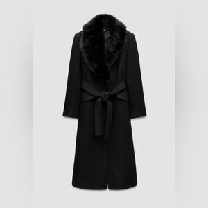 ZARA WOOL COAT WITH FAUX FUR LAPEL COLLAR BLACK NWT